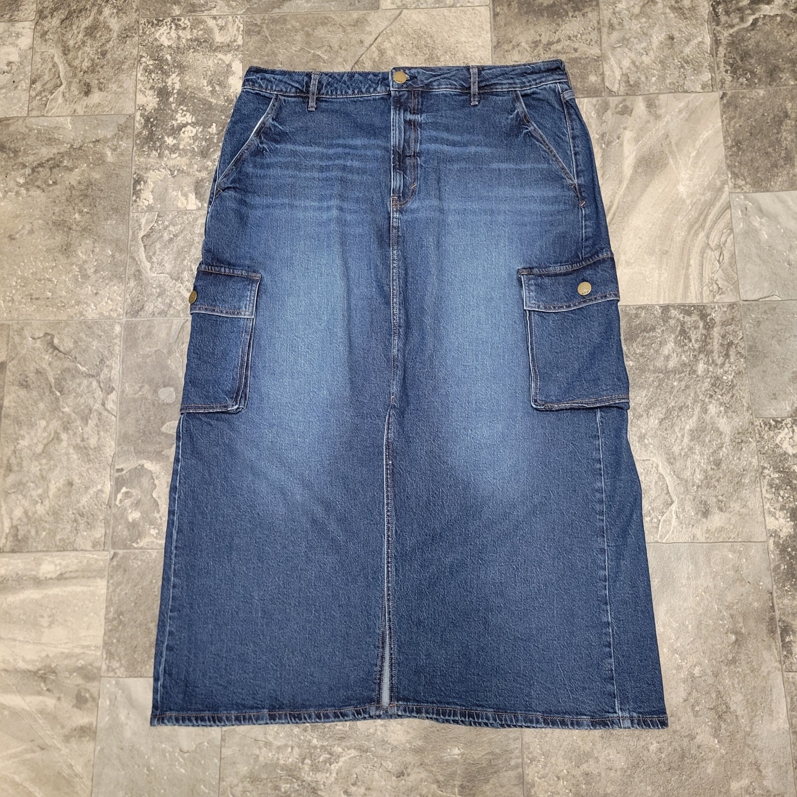 Vintage 90s Y2k A.N.A Denim Cargo Skirt Blue High Rise Midi Utility Slit 16w